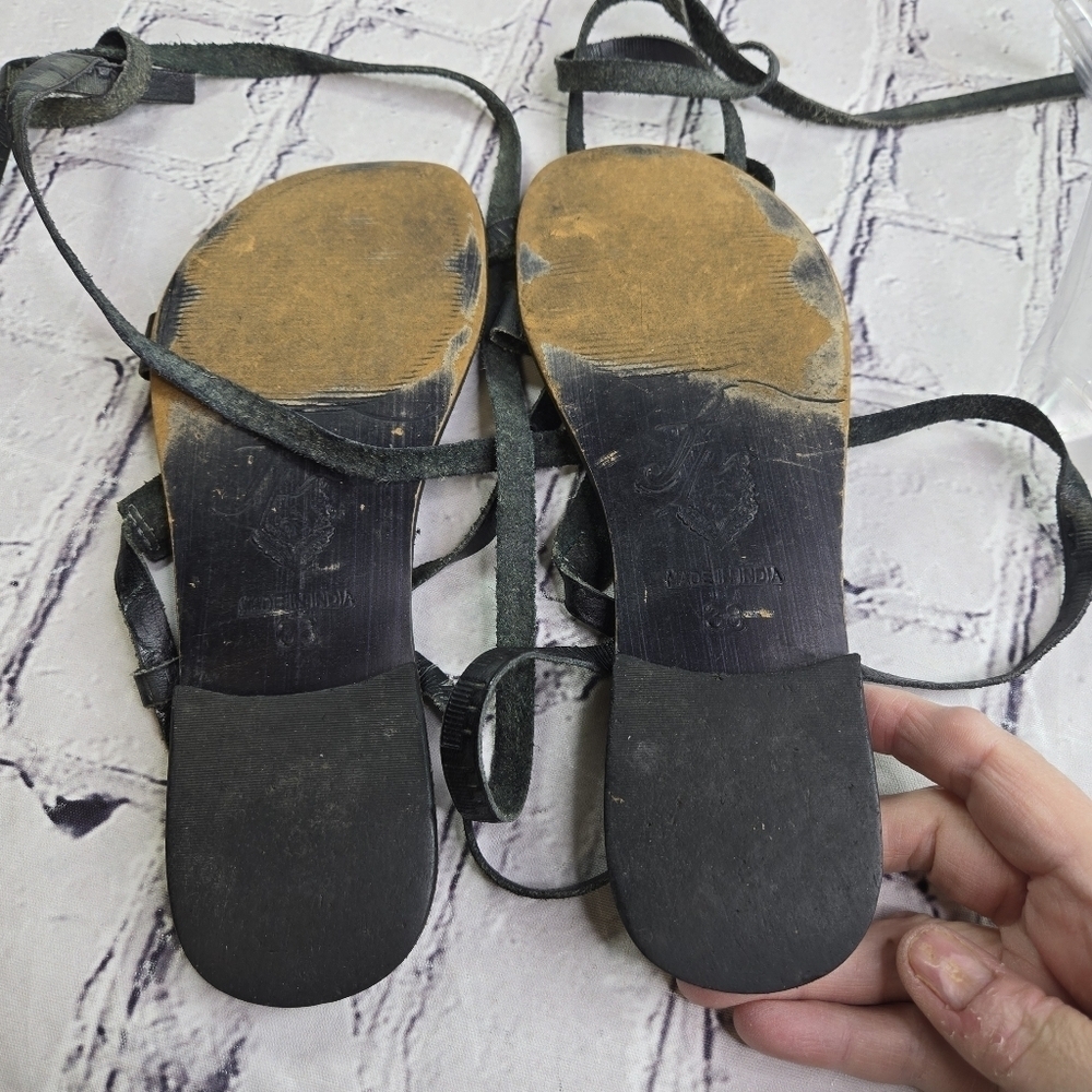 Free People black leather boho hippie gladiator ankle wrap sandals - Picture 6 of 14